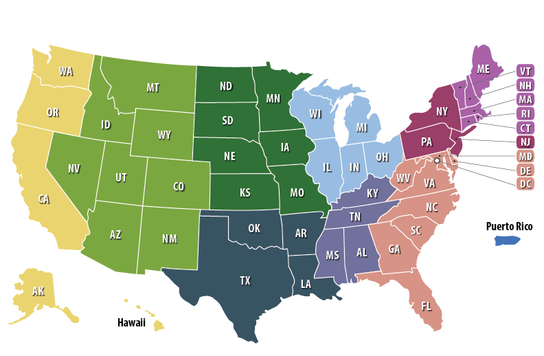 States by 9 Regions with Labels