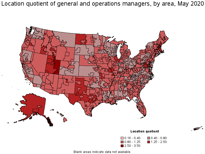 Location Quotient of General and Operations Managers, by area, May 2020