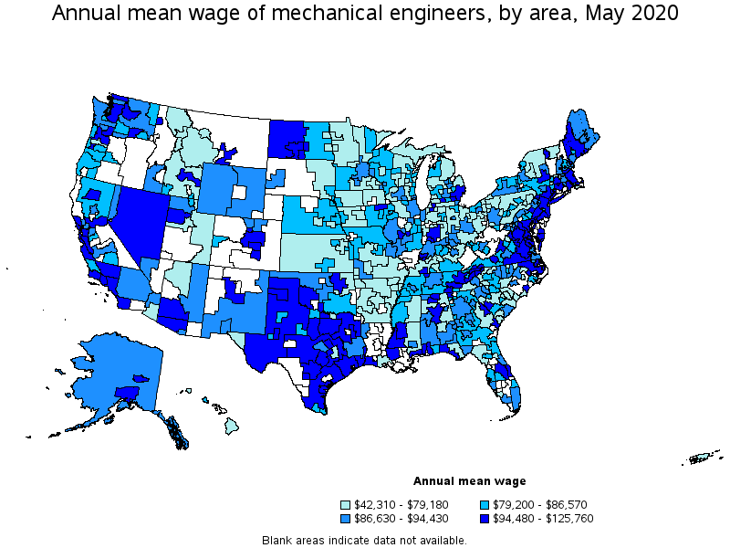 Annual mean wage of Mechanical Engineers, by area, May 2020