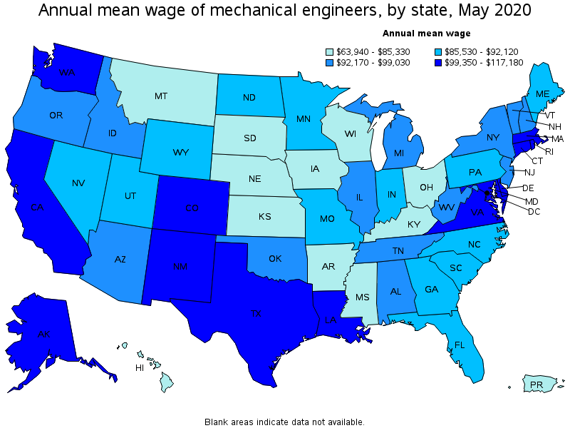 Annual mean wage of Mechanical Engineers, by state, May 2020
