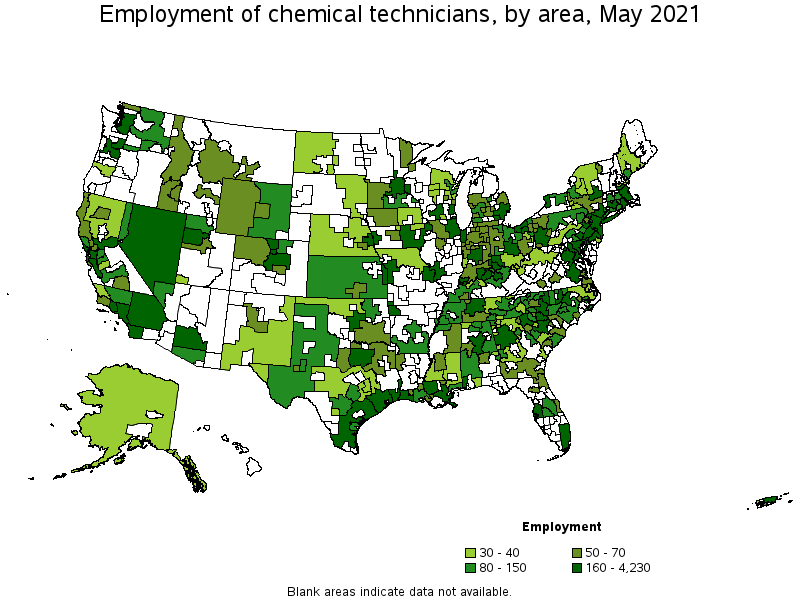 Map of employment of chemical technicians by area, May 2021