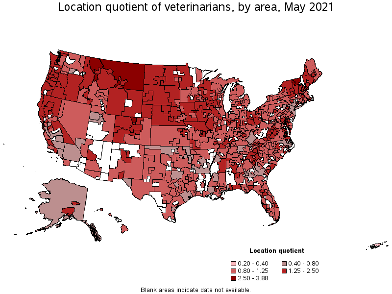 Map of location quotient of veterinarians by area, May 2021