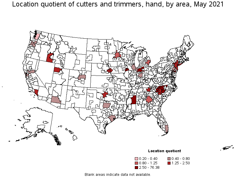 Map of location quotient of cutters and trimmers, hand by area, May 2021
