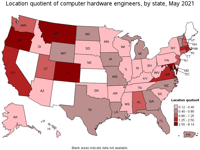 Map of location quotient of computer hardware engineers by state, May 2021