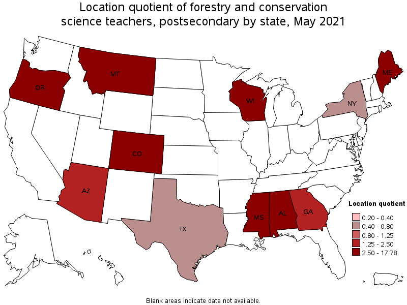 Map of location quotient of forestry and conservation science teachers, postsecondary by state, May 2021