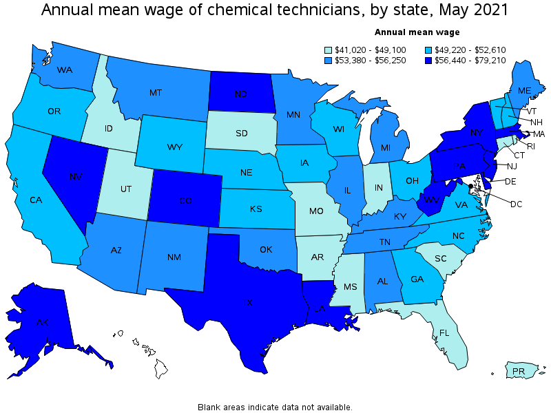 Map of annual mean wages of chemical technicians by state, May 2021