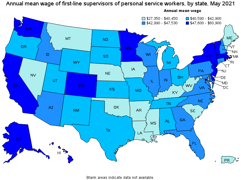 Map of annual mean wages of first-line supervisors of personal service workers by state, May 2021