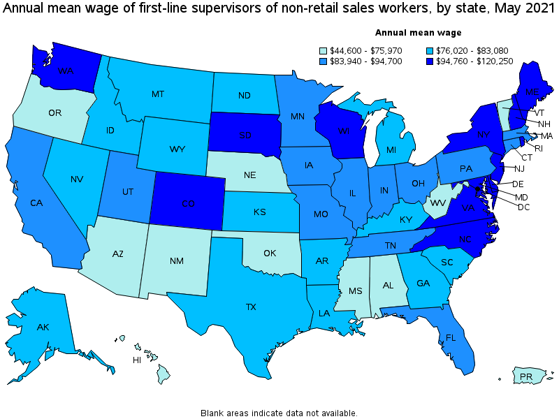 Map of annual mean wages of first-line supervisors of non-retail sales workers by state, May 2021