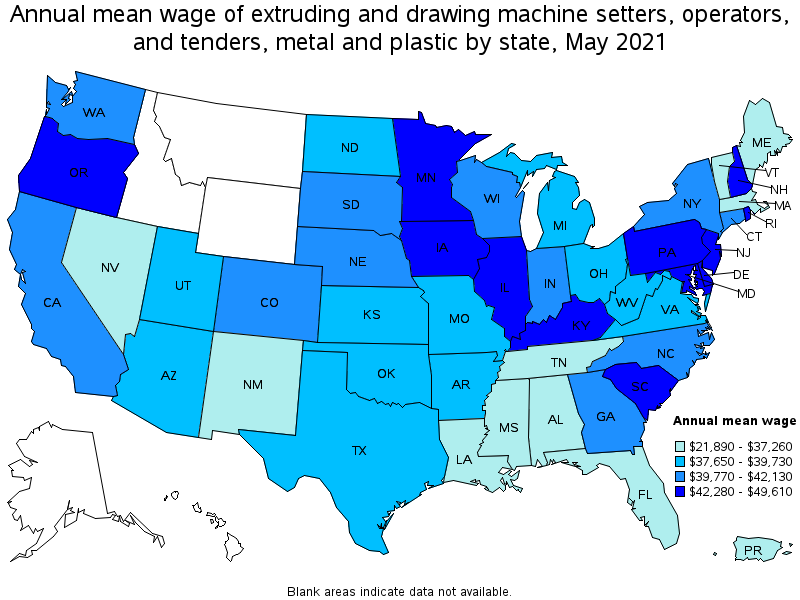 Map of annual mean wages of extruding and drawing machine setters, operators, and tenders, metal and plastic by state, May 2021