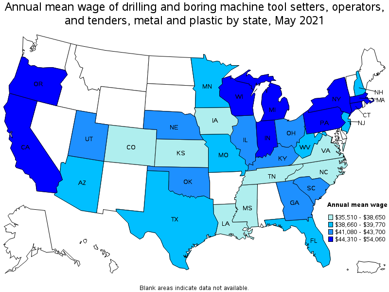 Map of annual mean wages of drilling and boring machine tool setters, operators, and tenders, metal and plastic by state, May 2021