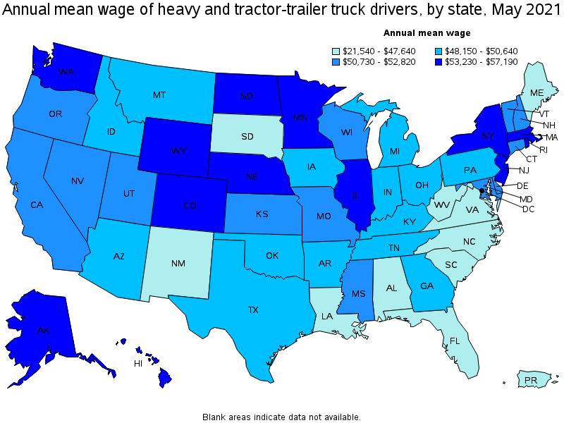 Map of annual mean wages of heavy and tractor-trailer truck drivers by state, May 2021