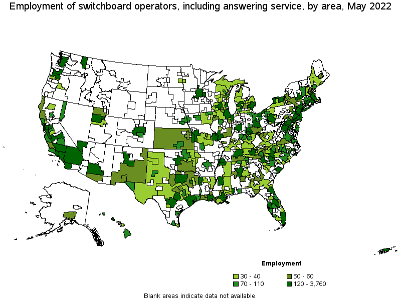 Map of employment of switchboard operators, including answering service by area, May 2022