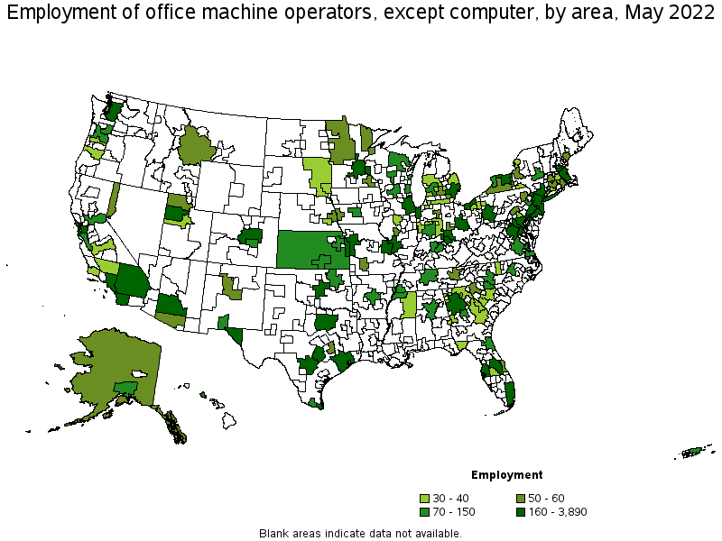 Map of employment of office machine operators, except computer by area, May 2022