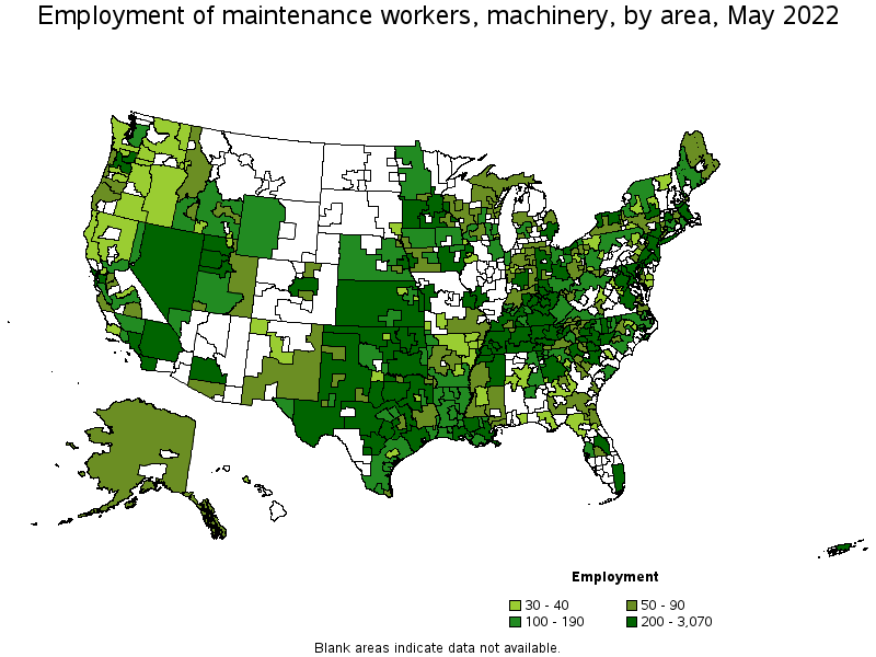 Map of employment of maintenance workers, machinery by area, May 2022