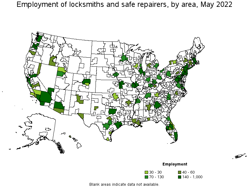 Map of employment of locksmiths and safe repairers by area, May 2022