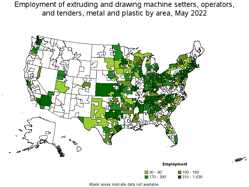 Map of employment of extruding and drawing machine setters, operators, and tenders, metal and plastic by area, May 2022