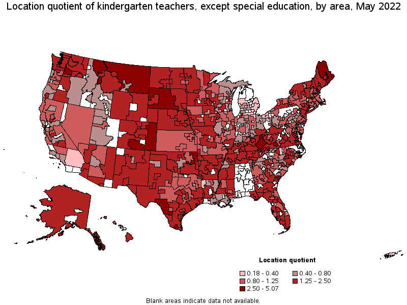 Map of location quotient of kindergarten teachers, except special education by area, May 2022