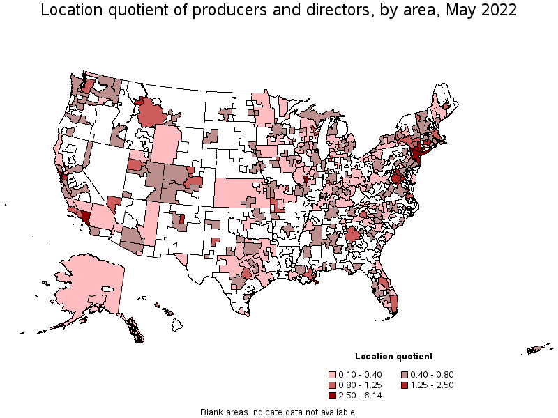 Map of location quotient of producers and directors by area, May 2022