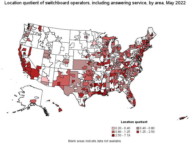 Map of location quotient of switchboard operators, including answering service by area, May 2022