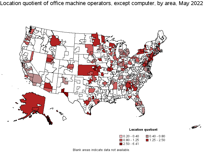 Map of location quotient of office machine operators, except computer by area, May 2022