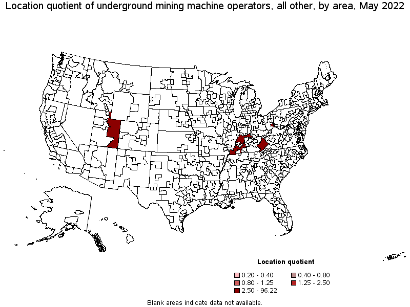 Map of location quotient of underground mining machine operators, all other by area, May 2022