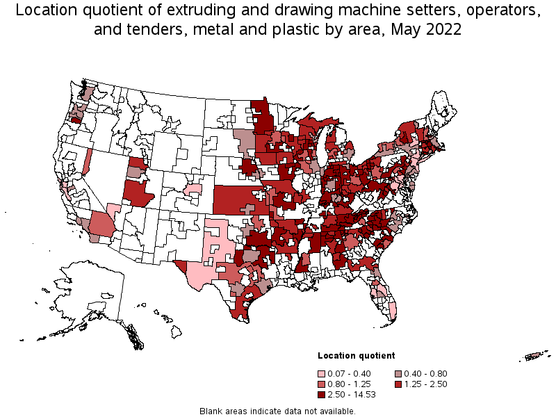 Map of location quotient of extruding and drawing machine setters, operators, and tenders, metal and plastic by area, May 2022