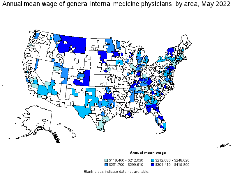 Map of annual mean wages of general internal medicine physicians by area, May 2022