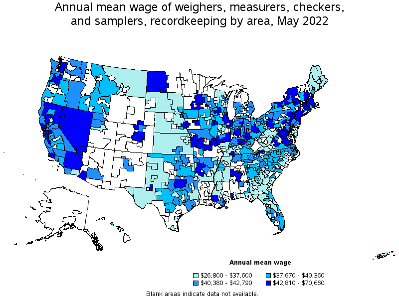 Map of annual mean wages of weighers, measurers, checkers, and samplers, recordkeeping by area, May 2022