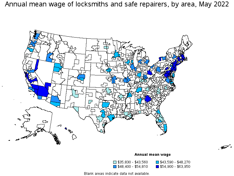 Map of annual mean wages of locksmiths and safe repairers by area, May 2022
