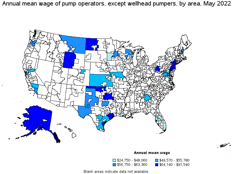 Map of annual mean wages of pump operators, except wellhead pumpers by area, May 2022