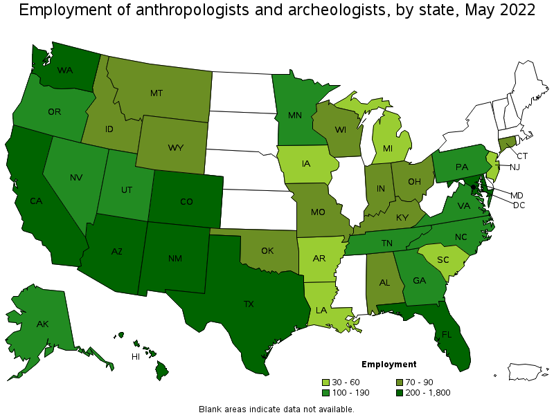 Map of employment of anthropologists and archeologists by state, May 2022