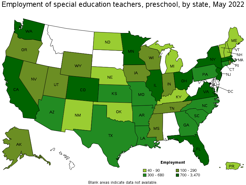 Map of employment of special education teachers, preschool by state, May 2022