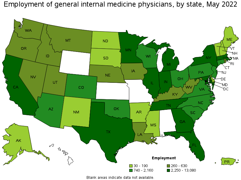 Map of employment of general internal medicine physicians by state, May 2022