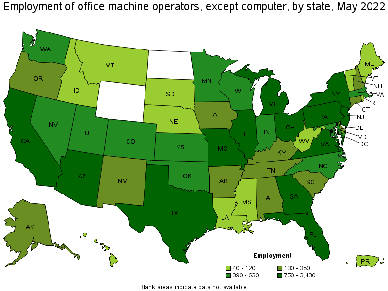 Map of employment of office machine operators, except computer by state, May 2022