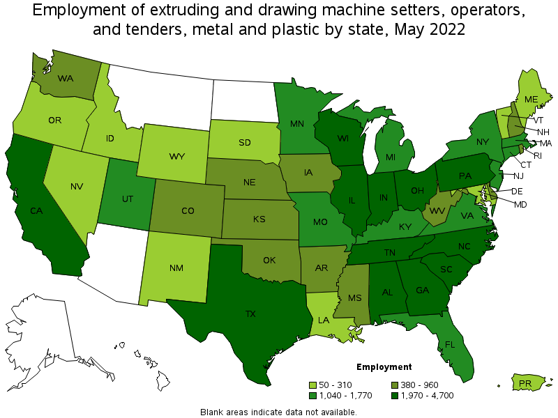 Map of employment of extruding and drawing machine setters, operators, and tenders, metal and plastic by state, May 2022
