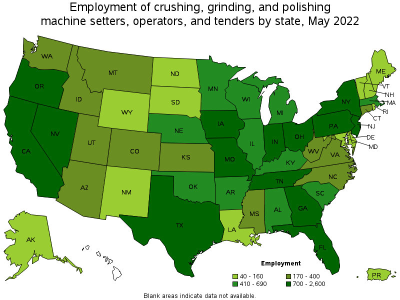 Map of employment of crushing, grinding, and polishing machine setters, operators, and tenders by state, May 2022