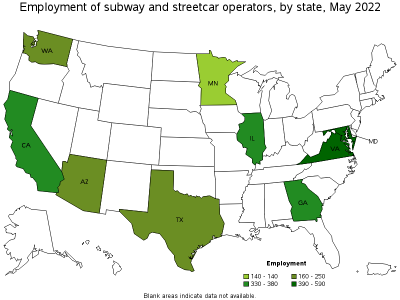 Map of employment of subway and streetcar operators by state, May 2022