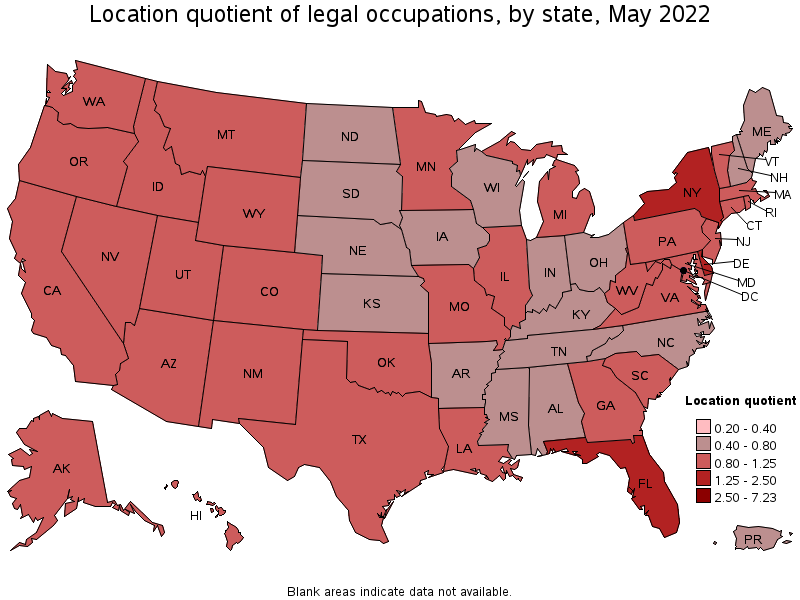 Map of location quotient of legal occupations by state, May 2022