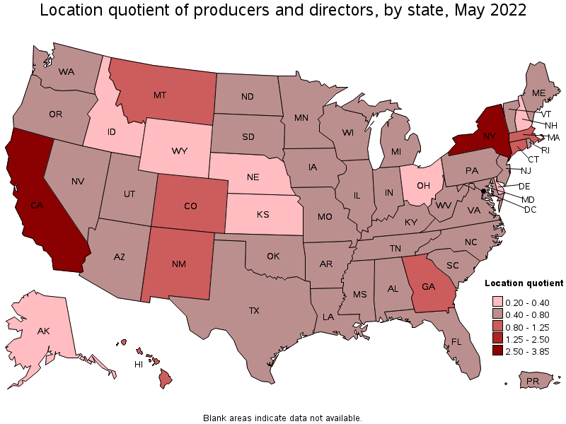 Map of location quotient of producers and directors by state, May 2022