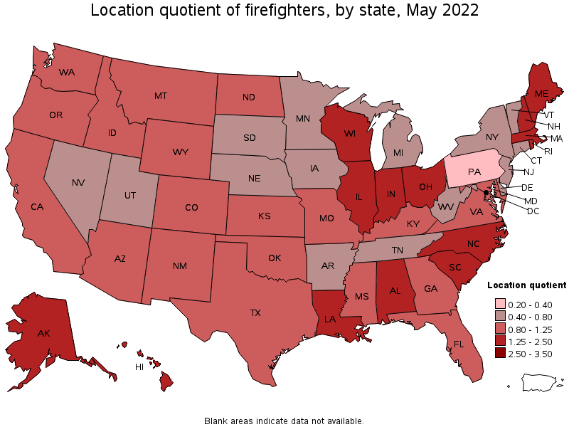 Map of location quotient of firefighters by state, May 2022