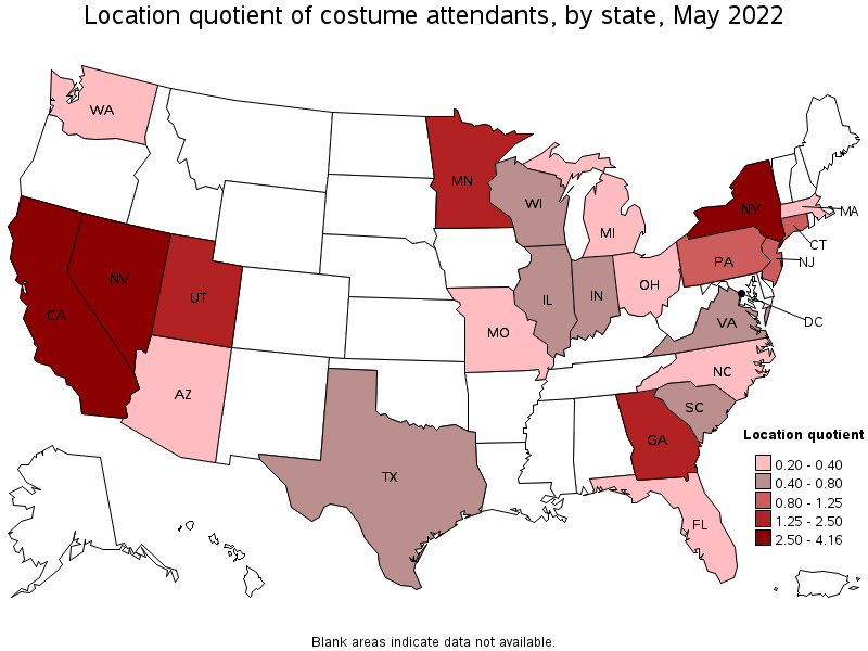 Map of location quotient of costume attendants by state, May 2022