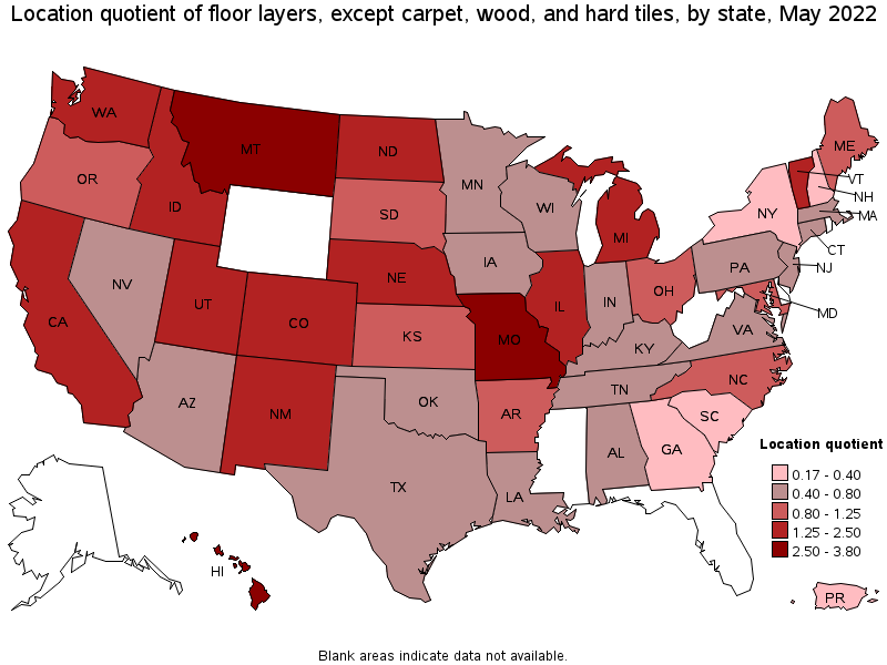 Map of location quotient of floor layers, except carpet, wood, and hard tiles by state, May 2022