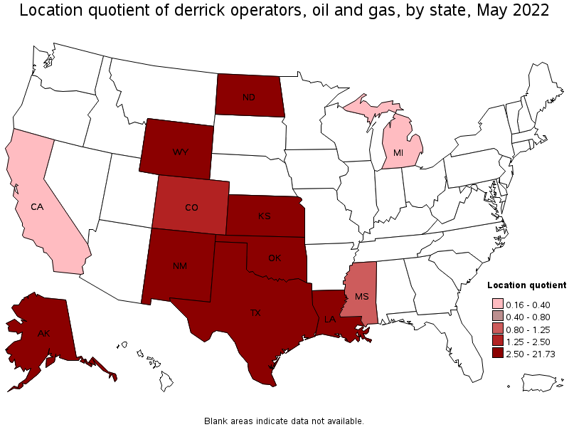 Map of location quotient of derrick operators, oil and gas by state, May 2022