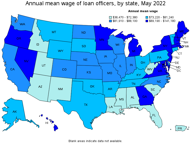 Map of annual mean wages of loan officers by state, May 2022
