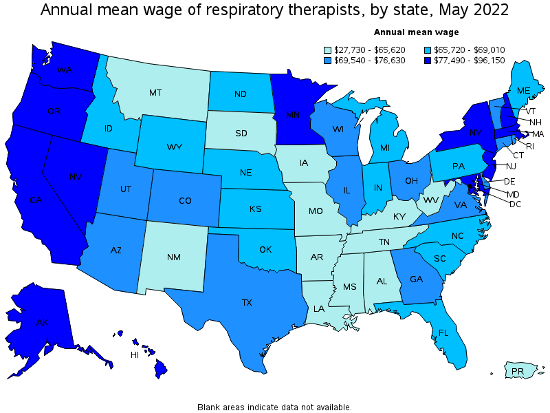 Map of annual mean wages of respiratory therapists by state, May 2022