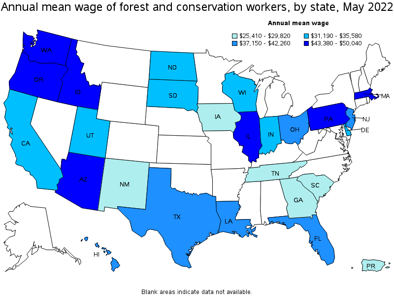 Map of annual mean wages of forest and conservation workers by state, May 2022