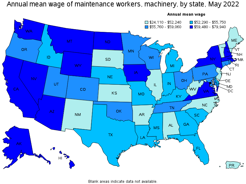 Map of annual mean wages of maintenance workers, machinery by state, May 2022