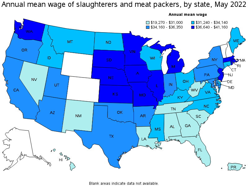 Map of annual mean wages of slaughterers and meat packers by state, May 2022