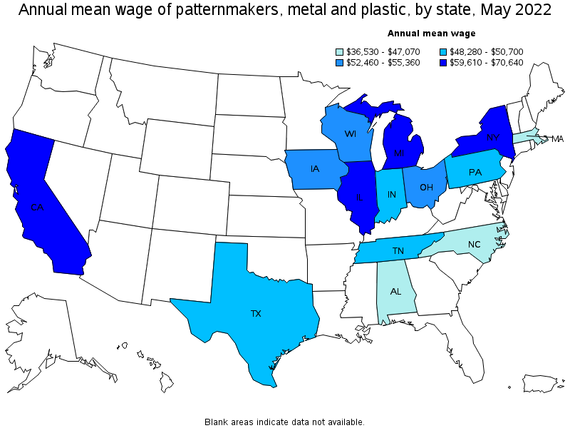 Map of annual mean wages of patternmakers, metal and plastic by state, May 2022