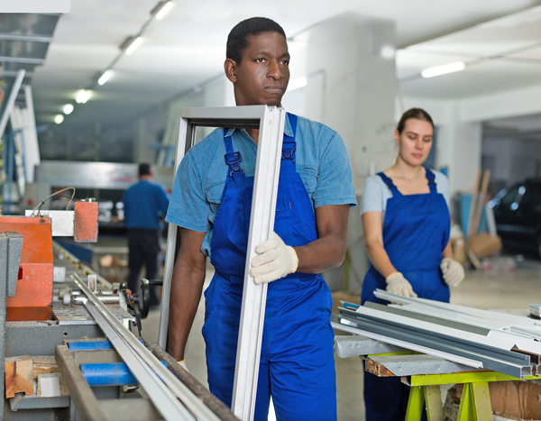Black man carrying metal frame on worksite image